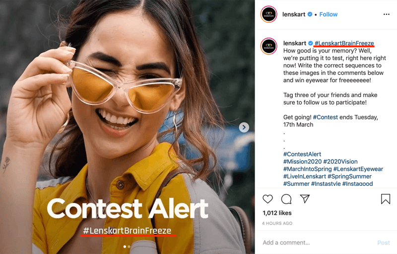 primjer objave na natječaju na Instagramu koja uključuje markirani hashtag na slici i natpisu