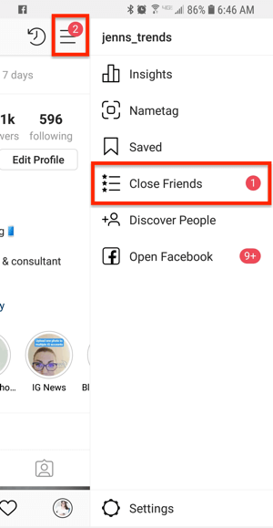 Opcija za bliske prijatelje s Instagram profila.