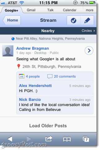 Snimka zaslona s web-mjesta za Google+ za iPhone