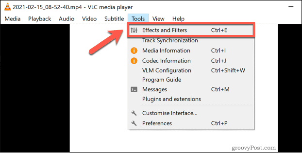 Pristup izborniku VLC Effects and Filters u sustavu Windows
