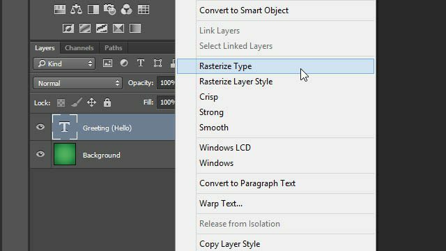 Triat Photoshop Text Layer Transformacije Trik rasterizirajte slojeve slojeva ploča Photoshop rasterski sloj