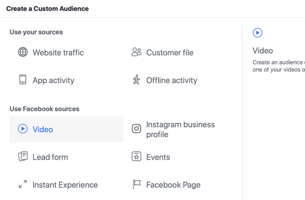 Kako promovirati svoj događaj uživo na Facebooku, korak 8, stvorite prilagođenu publiku u Facebook Ads Manageru na temelju prikaza videozapisa
