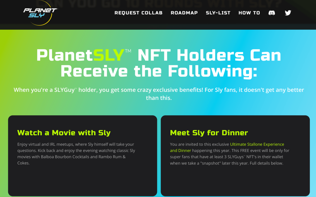 slika PlanetSly web stranice koja objašnjava prednosti za SLYGuy NFT vlasnike