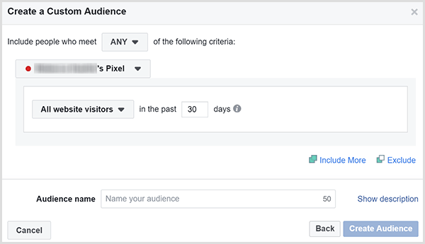 Dijaloški okvir Facebook Create a Custom Audience ima opciju za ciljanje oglasa na sve posjetitelje web mjesta u određenom broju dana.
