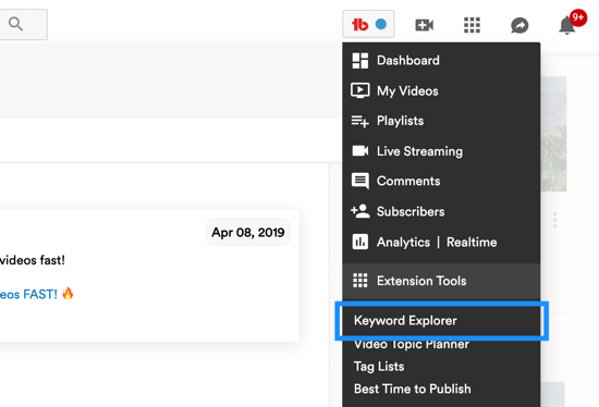Kako koristiti video seriju za rast YouTube kanala, opcija izbornika za alat za istraživanje ključnih riječi TubeBuddy