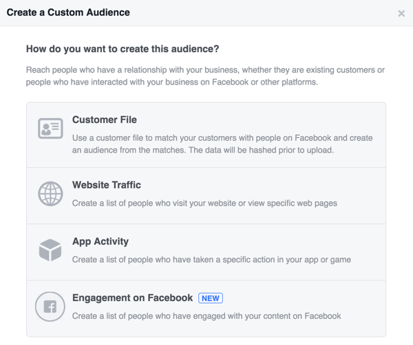 Odaberite kako želite stvoriti svoju prilagođenu publiku na Facebooku.