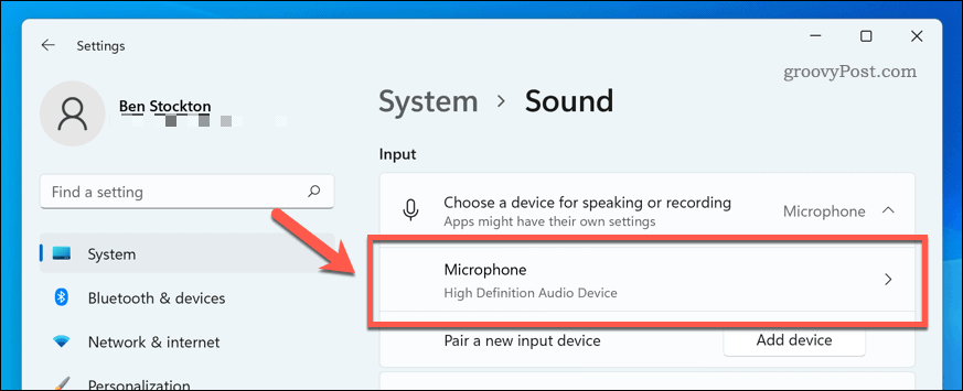 Otvorite uređaj s mikrofonom u postavkama zvuka u sustavu Windows 11