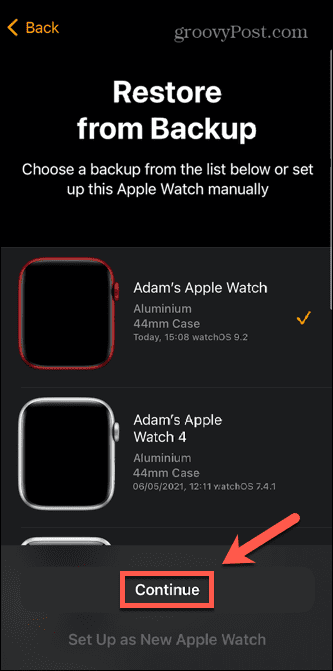 Apple Watch odaberite sigurnosnu kopiju