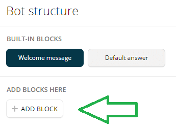 Kliknite + Dodaj blok da biste dodali novi blok u Chatfuel.