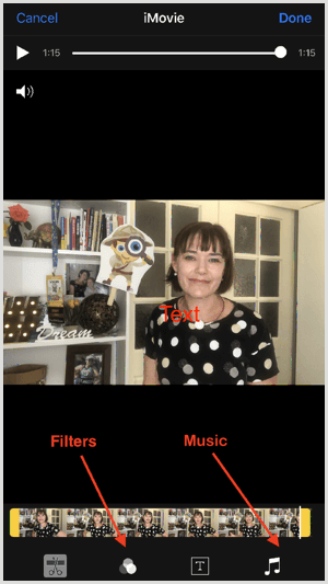 Dodirnite alate na dnu zaslona da biste dodali filtre i glazbu u iMovie.
