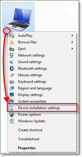u kontekstnom izborniku vašeg Windows 7 računala i prijeđite na postavke instalacije uređaja