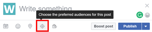 Da biste vidjeli je li za vašu Facebook stranicu omogućena optimizacija publike, potražite ikonu ciljanja prilikom izrade novog posta.