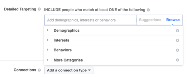 Facebook nudi tri glavne kategorije ciljanja.