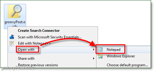 otvorite konektor za pretraživanje s bilježnicom da biste ga uredili u sustavu Windows 7