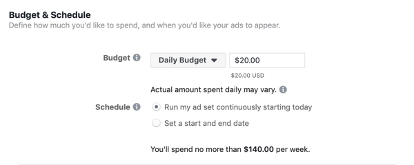 Facebook Ads Manager, odjeljak Proračun i raspored za set oglasa