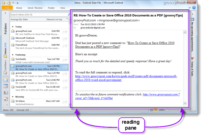 E-poruke za prikaz prozora za čitanje programa Outlook 2010