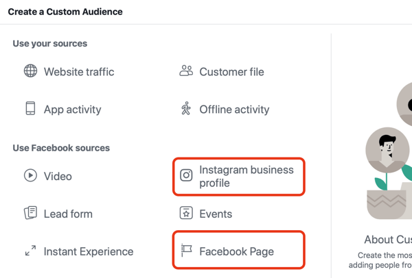 Koristite Facebook oglase za oglašavanje ljudima koji posjete vašu Facebook stranicu ili Instagram, 1. korak.