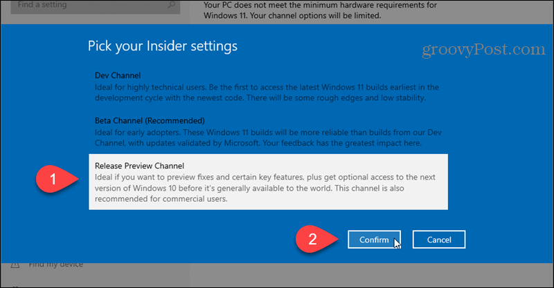 Odaberite kanal za pregled izdanja za program Windows Insider