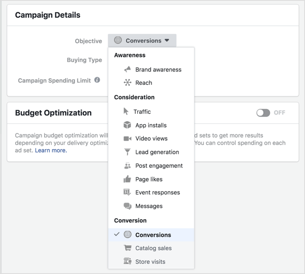 Odaberite svoj novi cilj Facebook oglasa s padajućeg popisa Objective.
