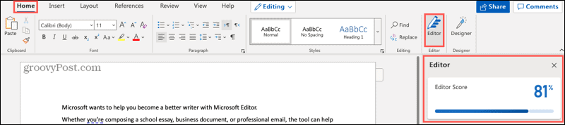 Gumb i bočna traka Microsoft Editor u programu Word online