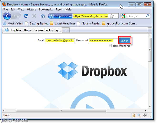 Snimak zaslona Dropboxa - prijavite se na dropbox