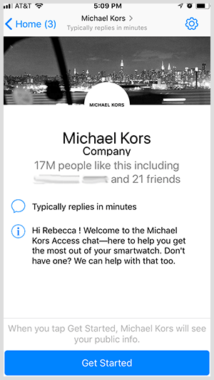 Da bi se odlučili za Messenger bot poput onog od Michaela Korsa, korisnici kliknite gumb Početak.