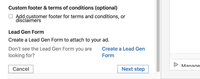 Opcija Lead Gen Form u odjeljku Osnovne informacije u postavljanju LinkedIn oglasa za konverzaciju