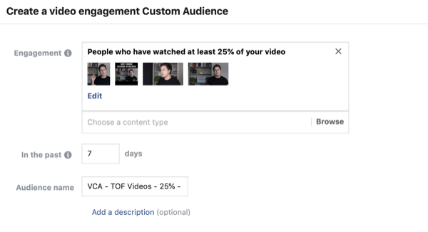Stvorite Facebook prilagođenu publiku gledatelja videozapisa, korak 2.