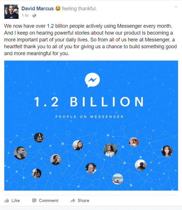 Facebook je otkrio da trenutno ima preko 1,2 milijarde ljudi koji aktivno koriste Messenger svakog mjeseca.