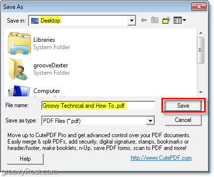 odaberite datoteku pdf datoteke za spremanje novootvorenog pdf-a putem cutePDF u sustavu Windows