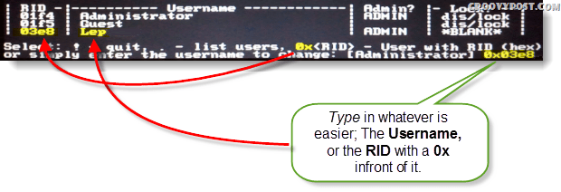 Odaberi!, prestati. - navesti korisnike, 0x <RID> - korisnik s RID-om (hex) ili jednostavno unesite korisničko ime za promjenu: [Administrator]