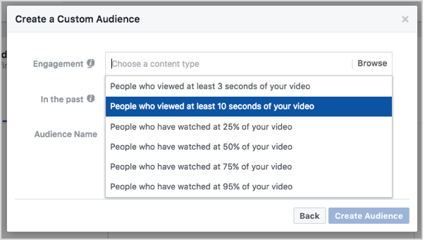 Facebook prilagođena publika temeljena na prikazima videozapisa od 10 sekundi.