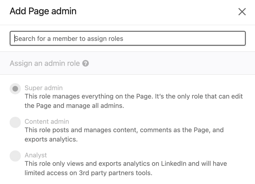 slika dijaloškog okvira Add Page Admin na Linkedinu