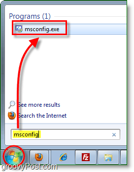 pokrenite msconfig.exe iz startnog izbornika u sustavu Windows 7