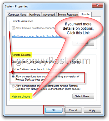 Windows 7 - Daljinske postavke omogućuju RDP radio gumb