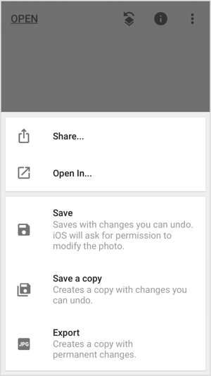 Dijelite, spremajte ili izvozite svoju sliku u mobilne aplikacije poput Snapseeda.