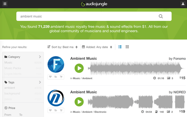 Pretražujte kroz robusnu biblioteku glazbe i audio zapisa AudioJungle koja košta od 1 USD.