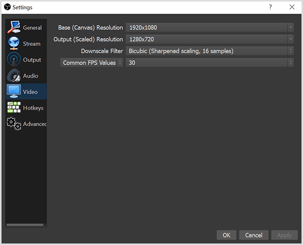 Dijaloški okvir Postavke OBS Studio ima opcije na kartici Video za podešavanje vaše osnovne razlučivosti i vaše izlazne razlučivosti. Kutija također ima mogućnosti za filtar za smanjenje razine i FPS ili okvire u sekundi.