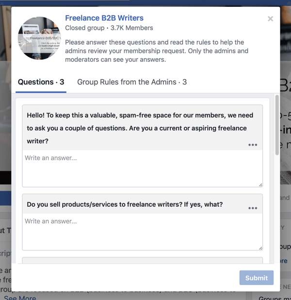 Kako poboljšati zajednicu Facebook grupa, primjer pitanja o novim članovima Facebook grupe od Freelance B2B Writers-a