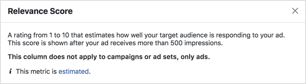 Mjerna vrijednost ocjene relevantnosti Facebook oglasa.