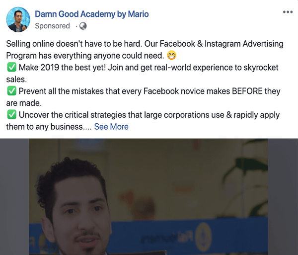 Kako pisati i strukturirati objave sponzorirane od strane Facebooka duljeg oblika, problem i rješenje tipa 1, primjer Damn Good Academy Mario