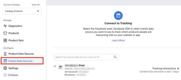 Upotrijebite Facebook alat za postavljanje događaja, korak 24, opcija izbornika za povezivanje Facebook piksela s katalogom