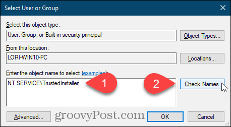 Unesite korisničko ime i kliknite Provjeri imena za ključ registra sustava Windows