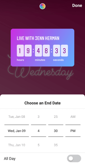 Kako koristiti naljepnicu Instagram Countdown za posao, vrijeme završetka odbrojavanja 4. koraka.