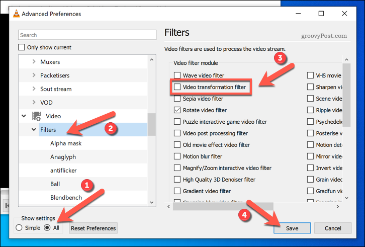 Omogućavanje filtara za transformaciju videozapisa u VLC-u na sustavu Windows