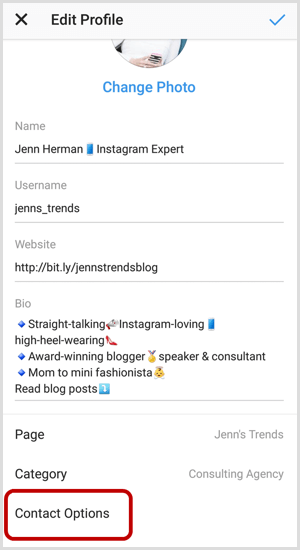 Opcije za kontakt na zaslonu za uređivanje profila u Instagramu