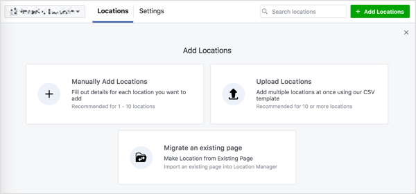 Vidite tri mogućnosti za dodavanje lokacija na vašu Facebook stranicu.