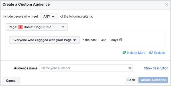 Dijaloški okvir Facebook Create a Custom Audience omogućuje vam ciljanje oglasa na ljude koji su stupili u interakciju s vašom web stranicom u određenom vremenskom okviru.