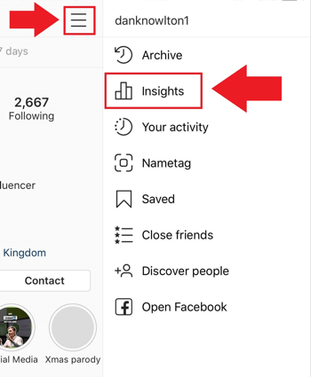 Strategija marketinga na društvenim mrežama; Snimka zaslona gdje pristupiti Instagram Insightsu aplikaciji Instagram.