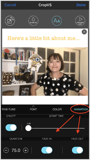 Dodirnite Animacija da biste prilagodili postavke fade in and fade out u CropVS.
